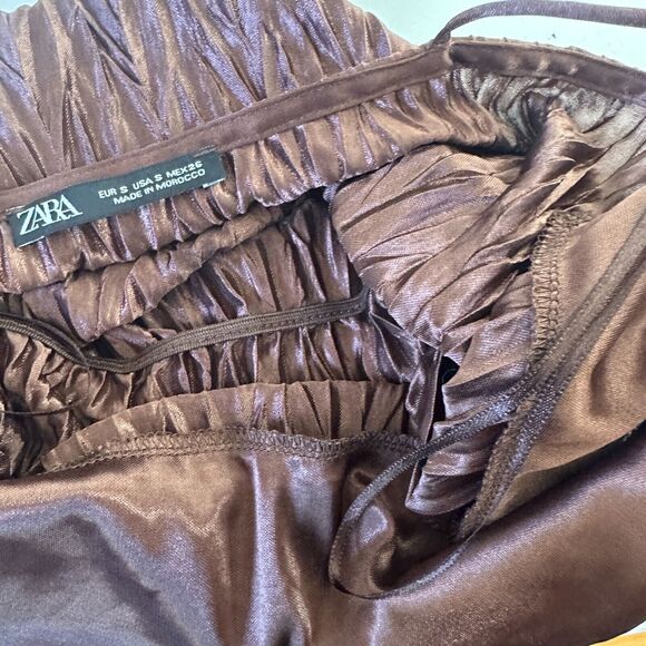 Zara Bronze Brown Travel Crinkle Satin Peplum Tank Spaghetti Strap V-Neck S - Picture 9 of 13